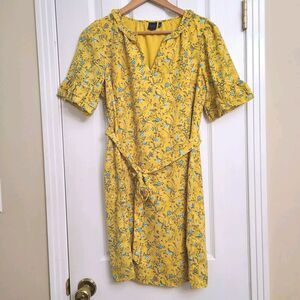 Kaari Blue Yellow Floral Lined Dress Ruffles Belted Spring Boho Size Small